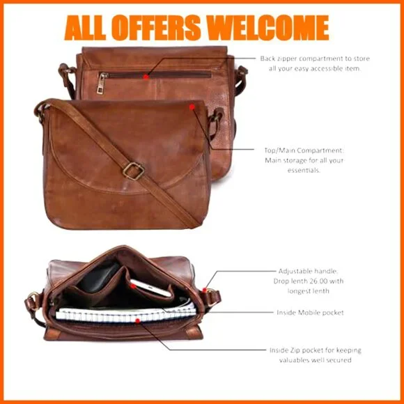 Genuine Leather Crossbody Purse with Adjustable Strap and Mobile Pocket